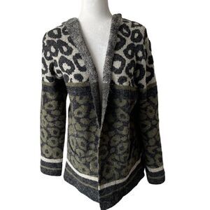 Joseph A. Leopard Open Front Long Cardigan Green Black Chunky Sweater SZ S